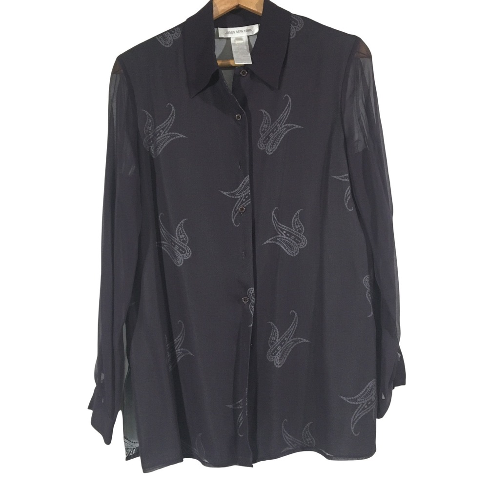 Jones New York Sheer Silk Overlay Paisley Button Up Shirt Blouse Top‎ Size 8